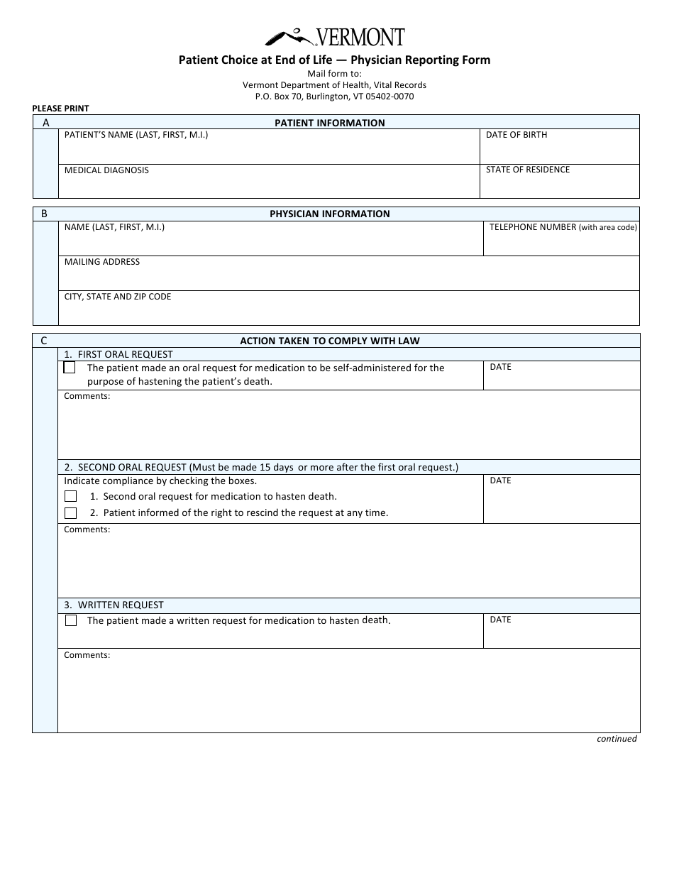 Patient Choice at End of Life - Physician Reporting Form - Vermont, Page 1