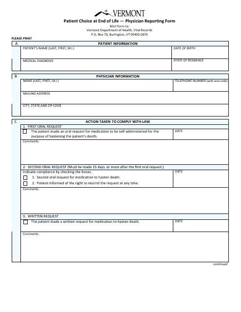 Patient Choice at End of Life - Physician Reporting Form - Vermont