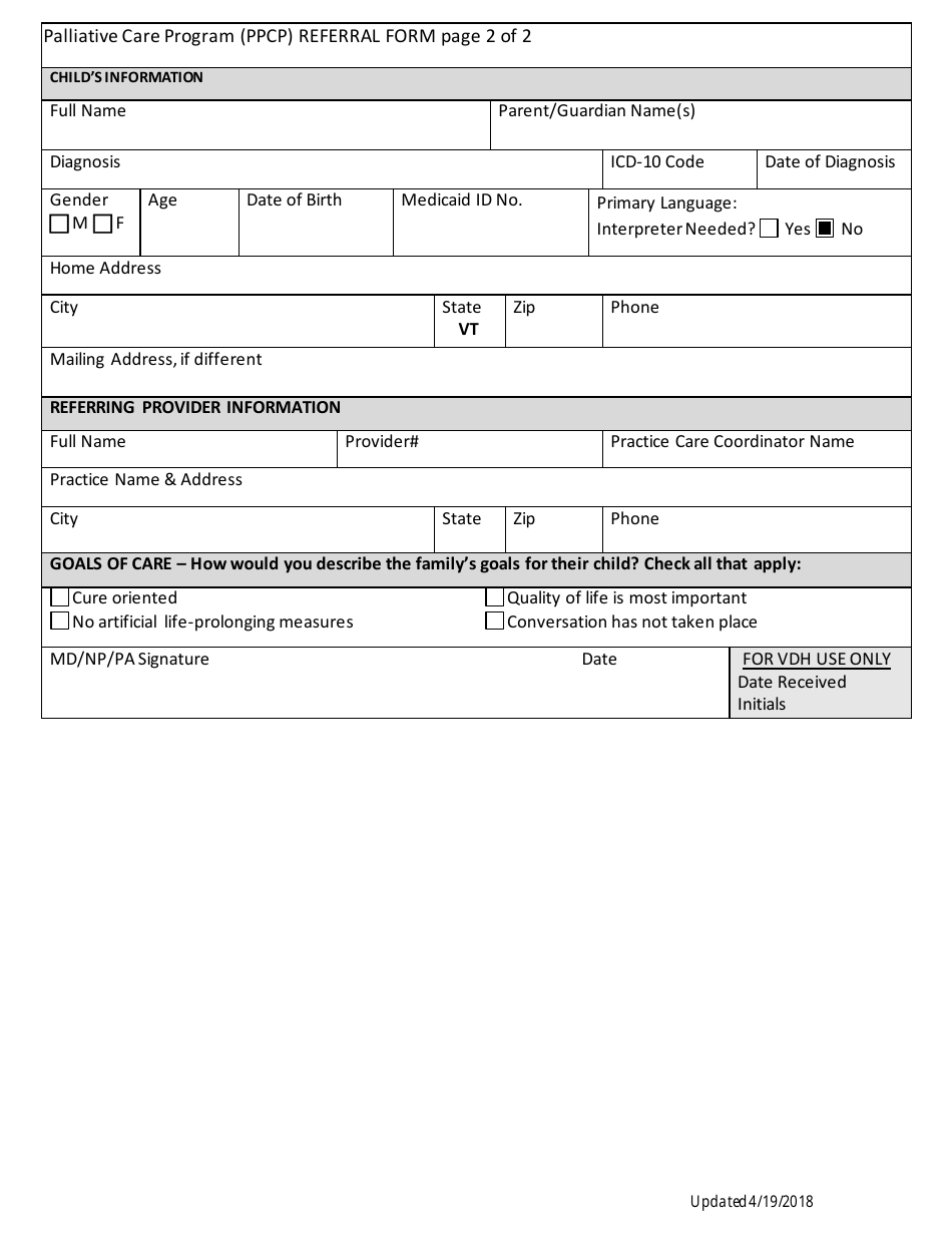 Pediatric Palliative Care Program (Ppcp) Referral Form - Vermont, Page 2