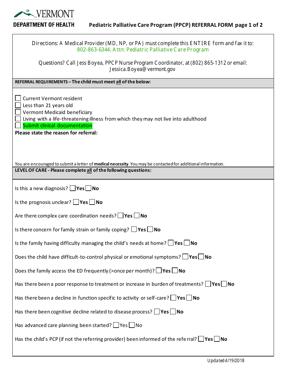 Vermont Pediatric Palliative Care Program Ppcp Referral Form Fill Out Sign Online And 3195