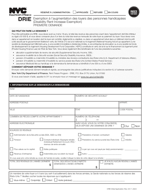 Disability Rent Increase Exemption Initial Application - New York City (French) Download Pdf
