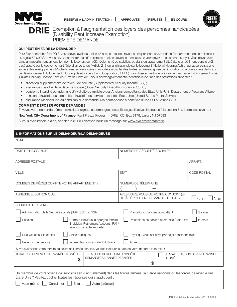 Disability Rent Increase Exemption Initial Application - New York City (French), Page 1
