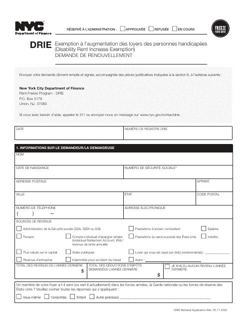 Disability Rent Increase Exemption Renewal Application - New York City (French) Download Pdf
