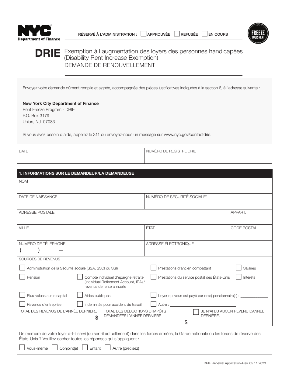 Disability Rent Increase Exemption Renewal Application - New York City (French), Page 1
