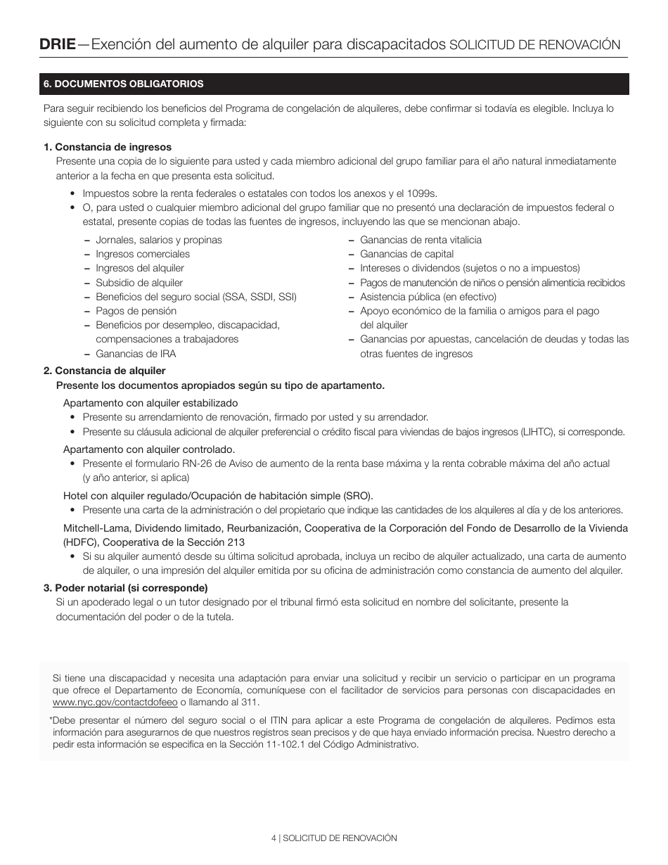 Exencion Del Aumento De Alquiler Para Discapacitados Solicitud De Renovacion - New York City (Spanish), Page 4