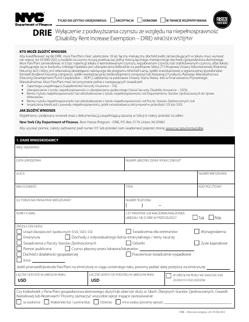 Disability Rent Increase Exemption Initial Application - New York City (Polish) Download Pdf