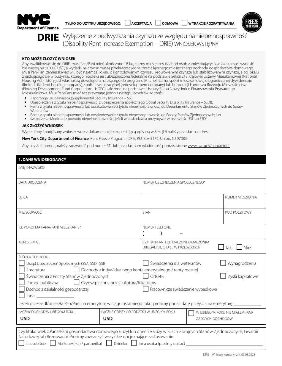 Disability Rent Increase Exemption Initial Application - New York City (Polish), Page 1