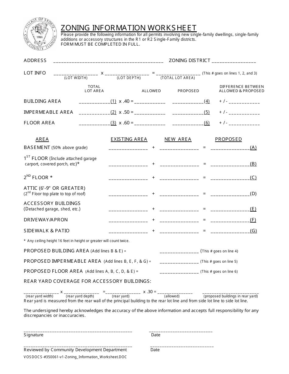 Form VOSDOCS-#350061 Zoning Information Worksheet - Village of Skokie, Illinois, Page 1