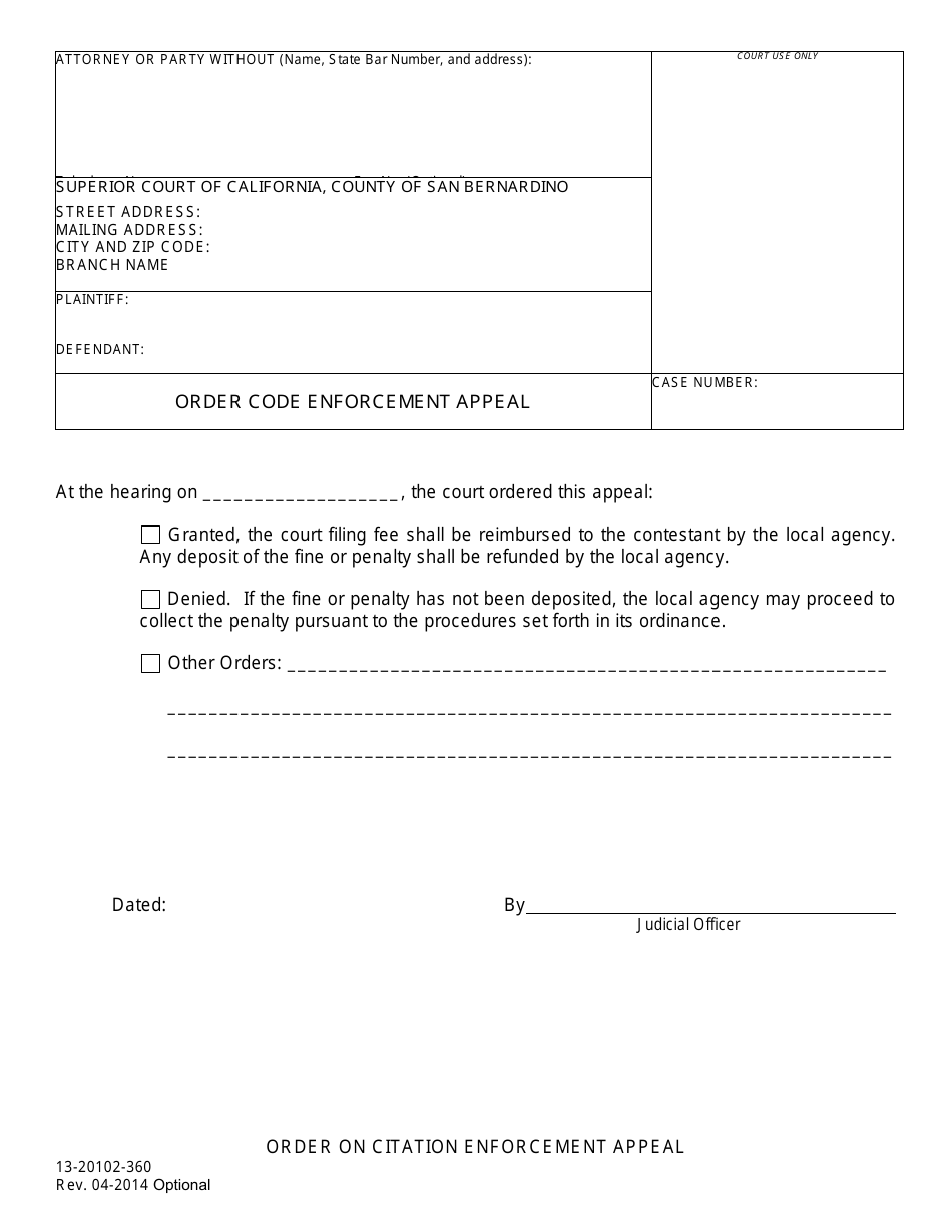 Form 13-20102-360 Order Code Enforcement Appeal - County of San Bernardino, California, Page 1