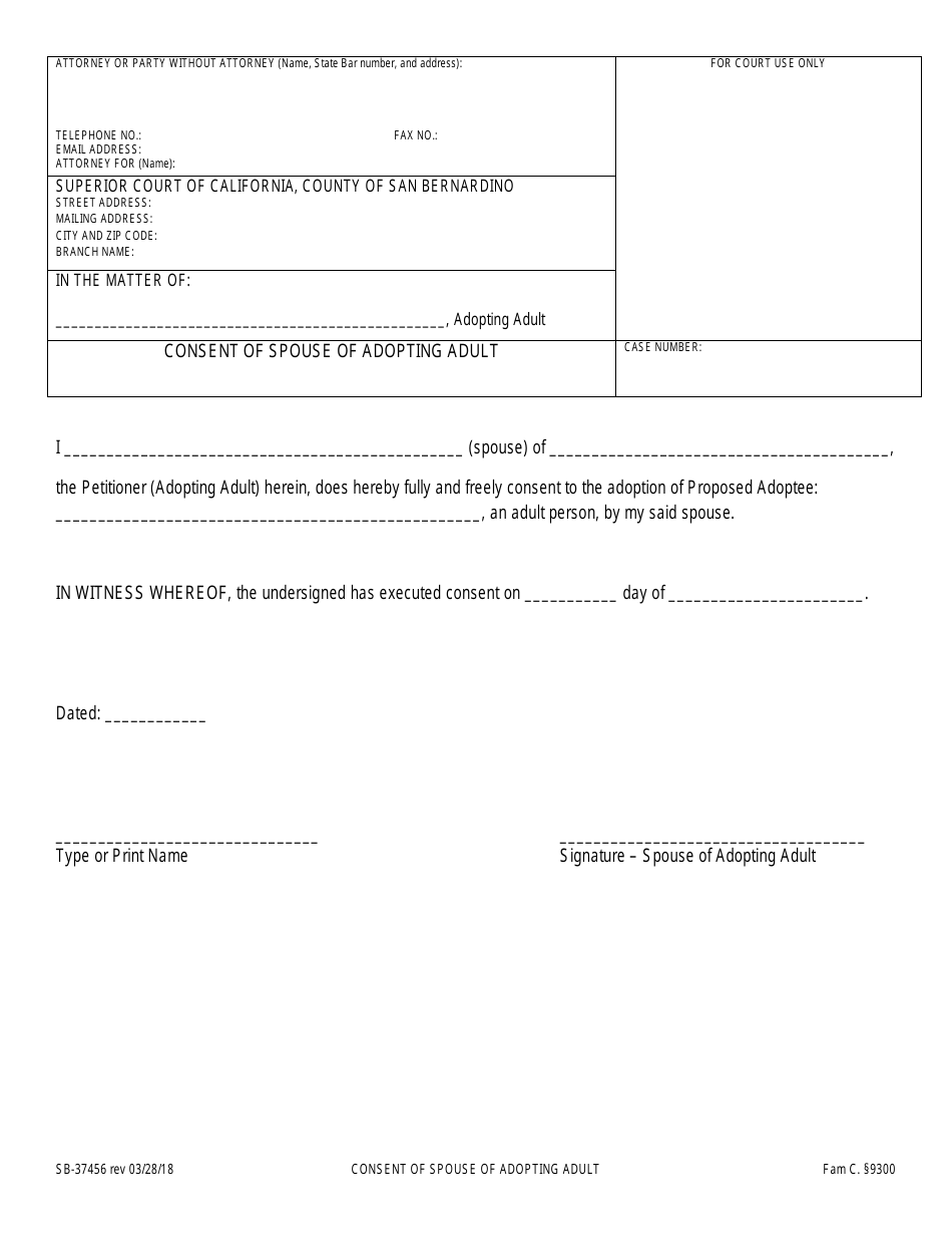 Form SB-37456 Consent of Spouse of Adopting Adult - County of San Bernardino, California, Page 1