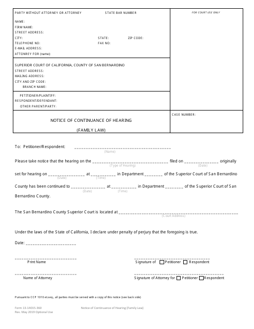 Form 13-14015-360 Notice of Continuance of Hearing - County of San Bernardino, California