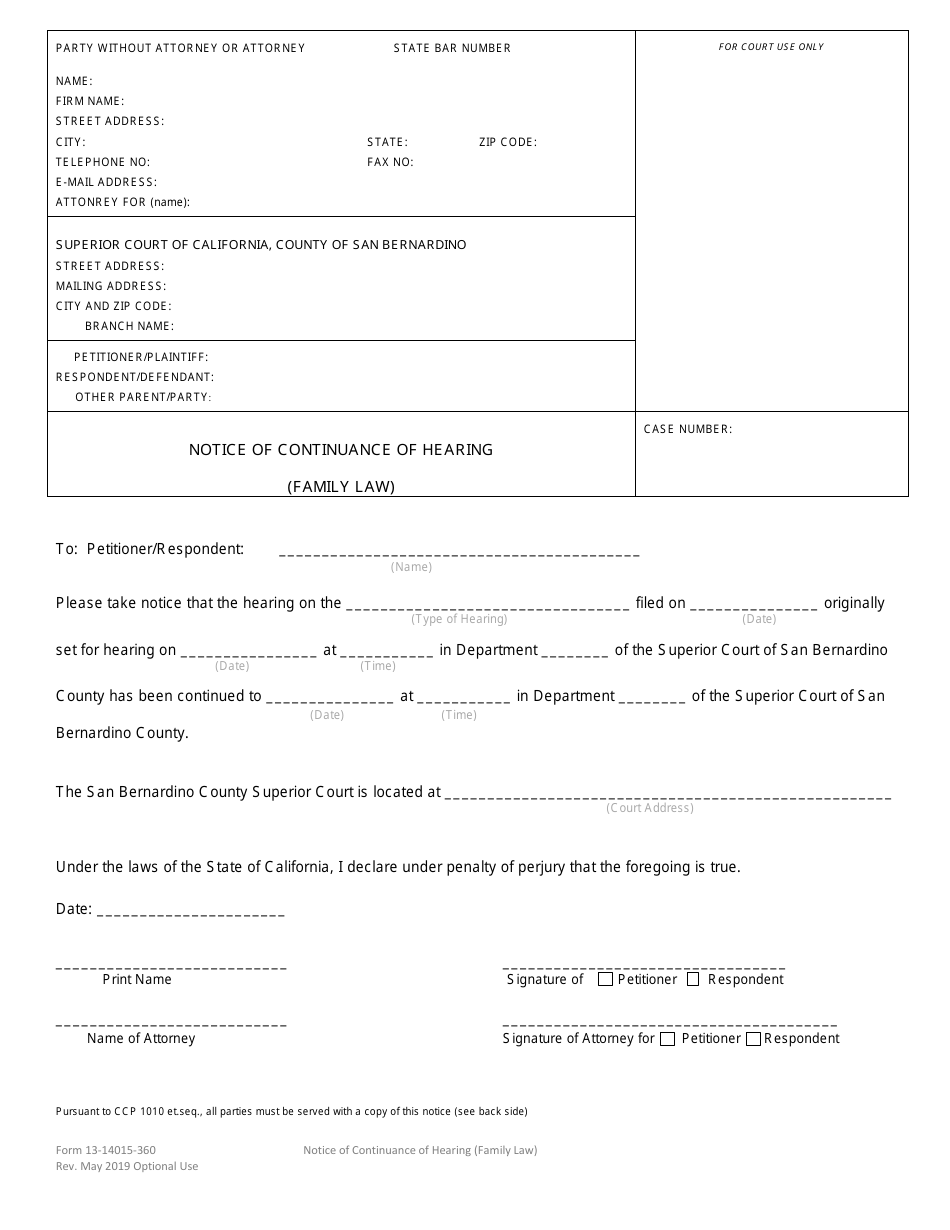 Form 13-14015-360 Notice of Continuance of Hearing - County of San Bernardino, California, Page 1