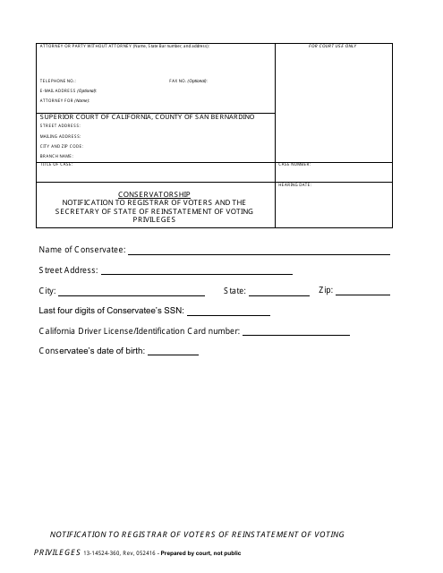Form 13-14524-360 Notification to Registrar of Voters and the Secretary of State of Reinstatement of Voting Privileges - County of San Bernardino, California