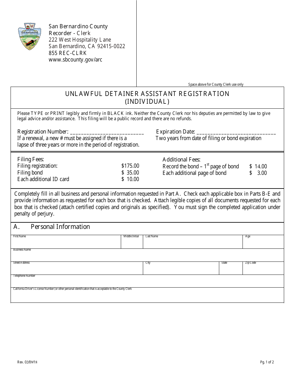 Unlawful Detainer Assistant Registration (Individual) - County of San Bernardino, California, Page 1