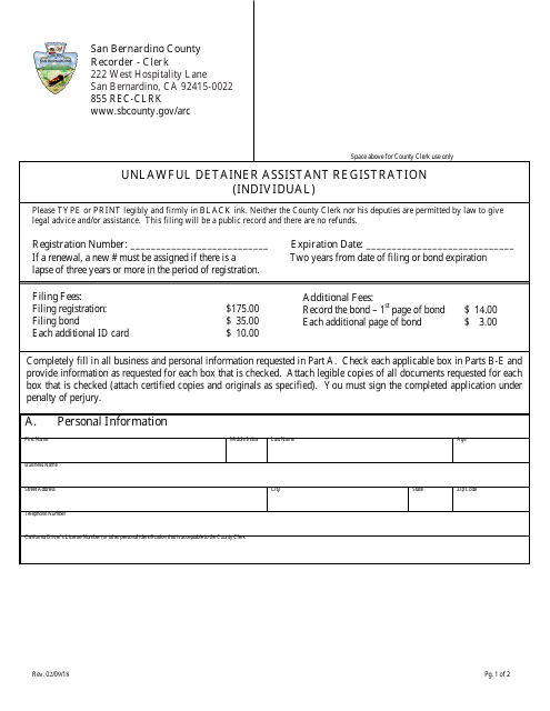 Unlawful Detainer Assistant Registration (Individual) - County of San Bernardino, California Download Pdf