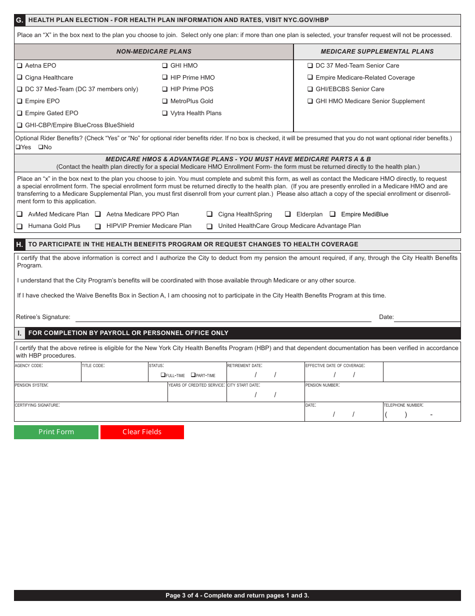 Retiree Application / Change Form - Health Benefits Program - New York, Page 3