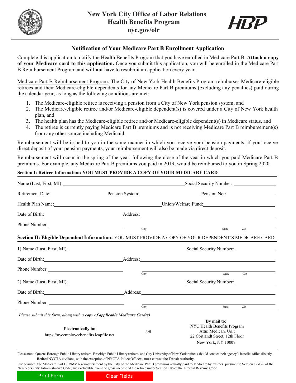 Notification of Your Medicare Part B Enrollment Application - Health Benefits Program - New York City, Page 1