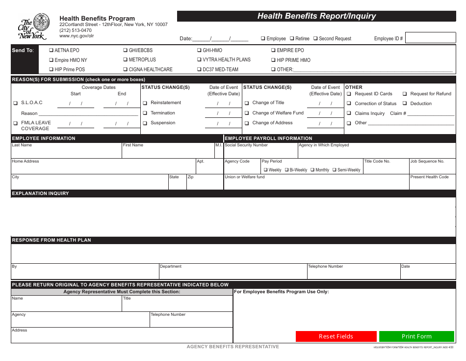 Form 1054 Health Benefits Report / Inquiry - New York City, Page 1