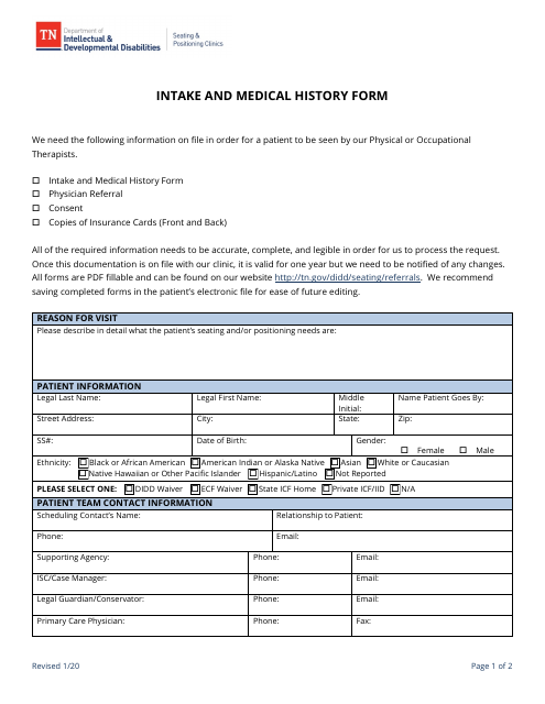 Intake and Medical History Form - Tennessee Download Pdf