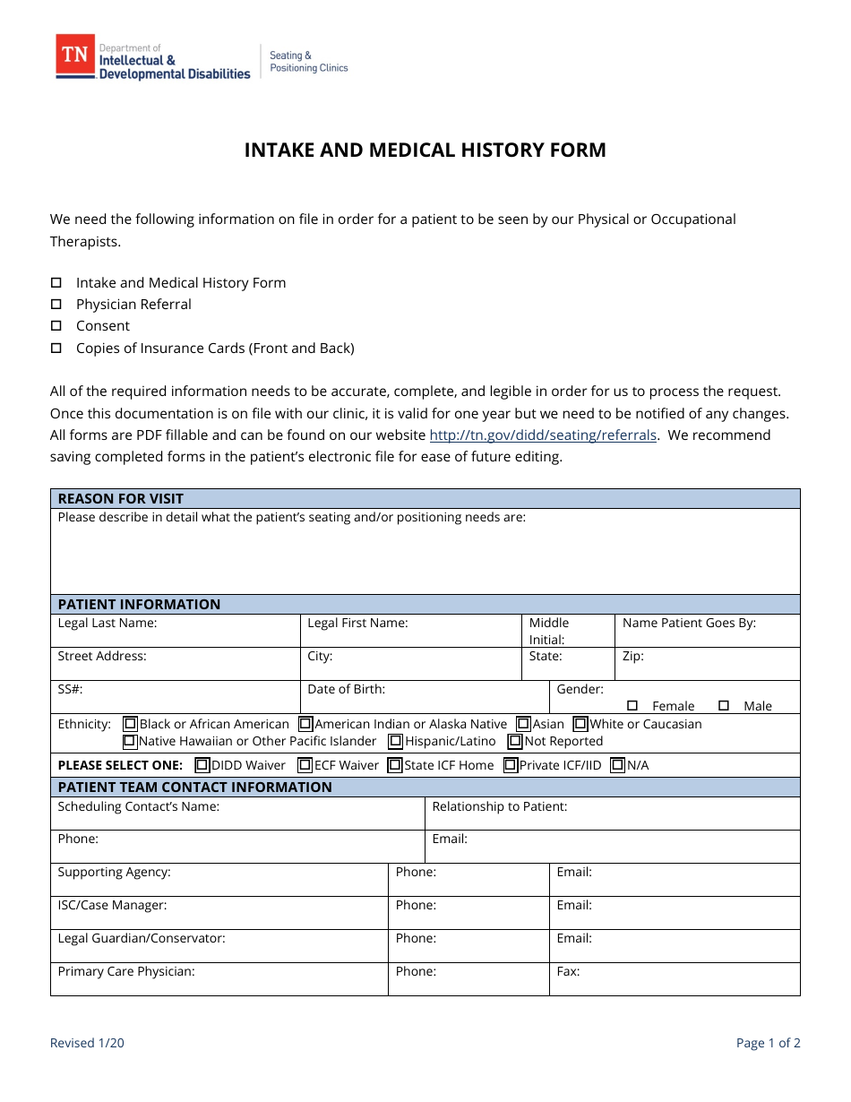 Intake and Medical History Form - Tennessee, Page 1