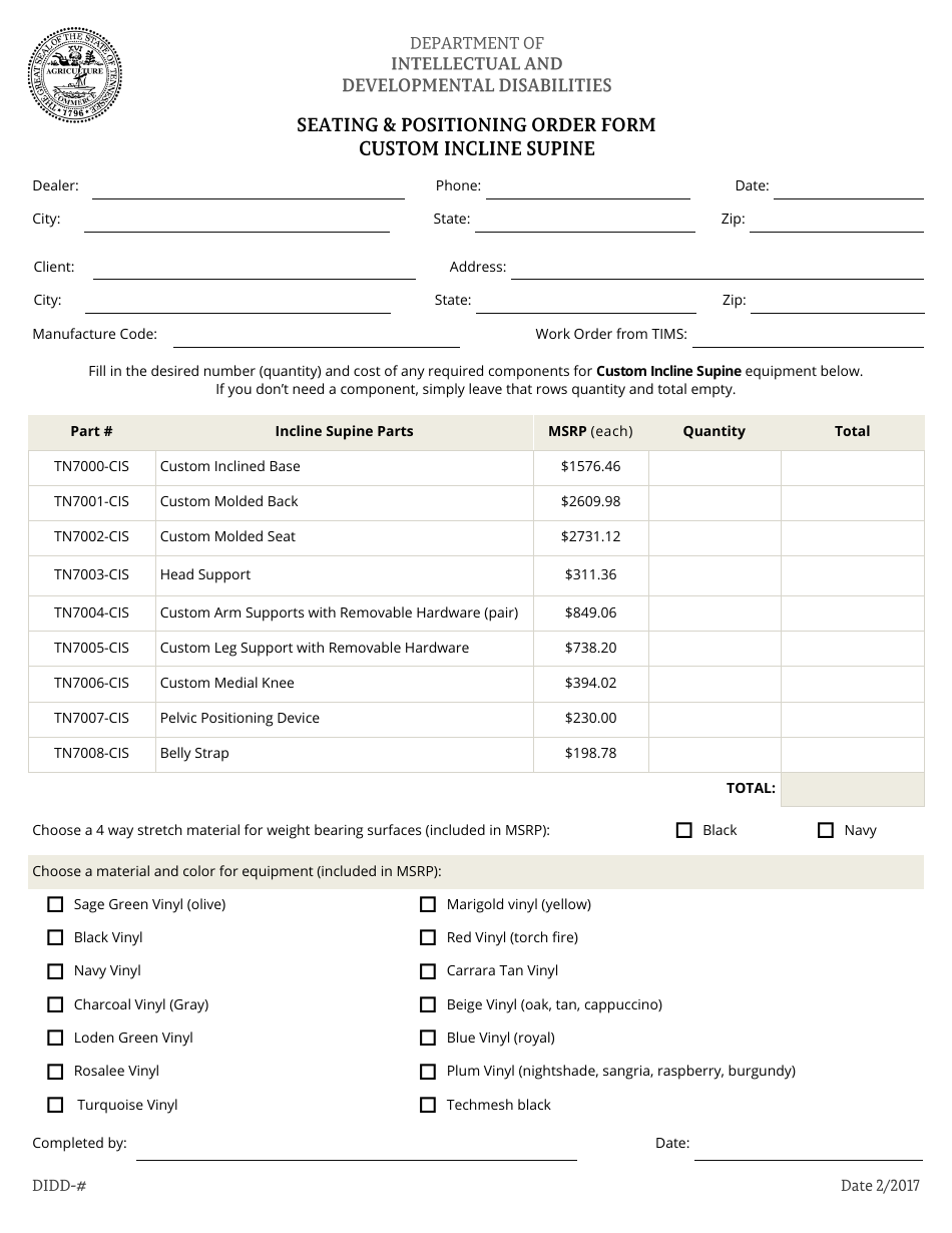 Seating and Positioning Order Form - Custom Incline Supine - Tennessee, Page 1