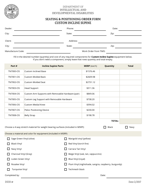 Seating and Positioning Order Form - Custom Incline Supine - Tennessee