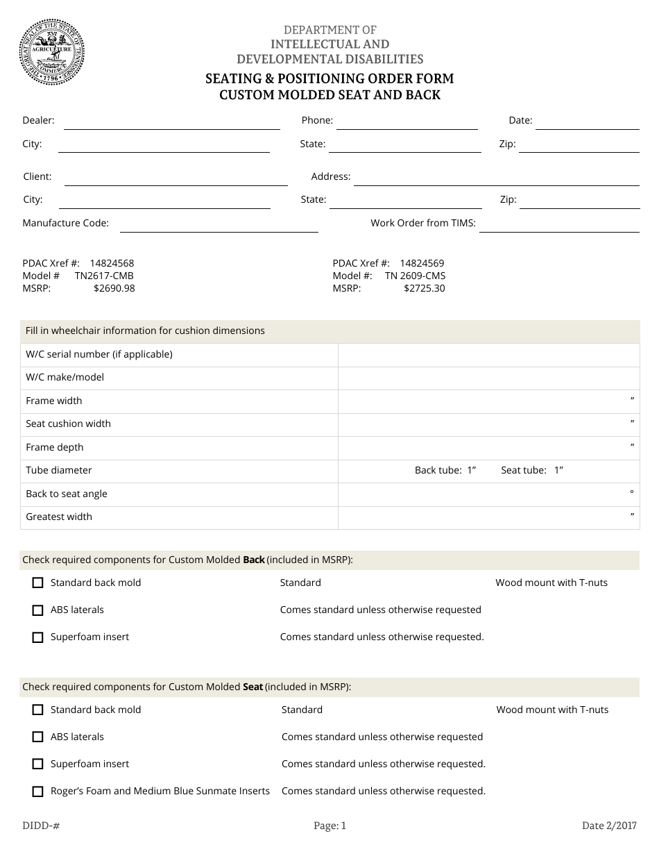 Seating and Positioning Order Form - Custom Molded Seat  Back - Tennessee, Page 1