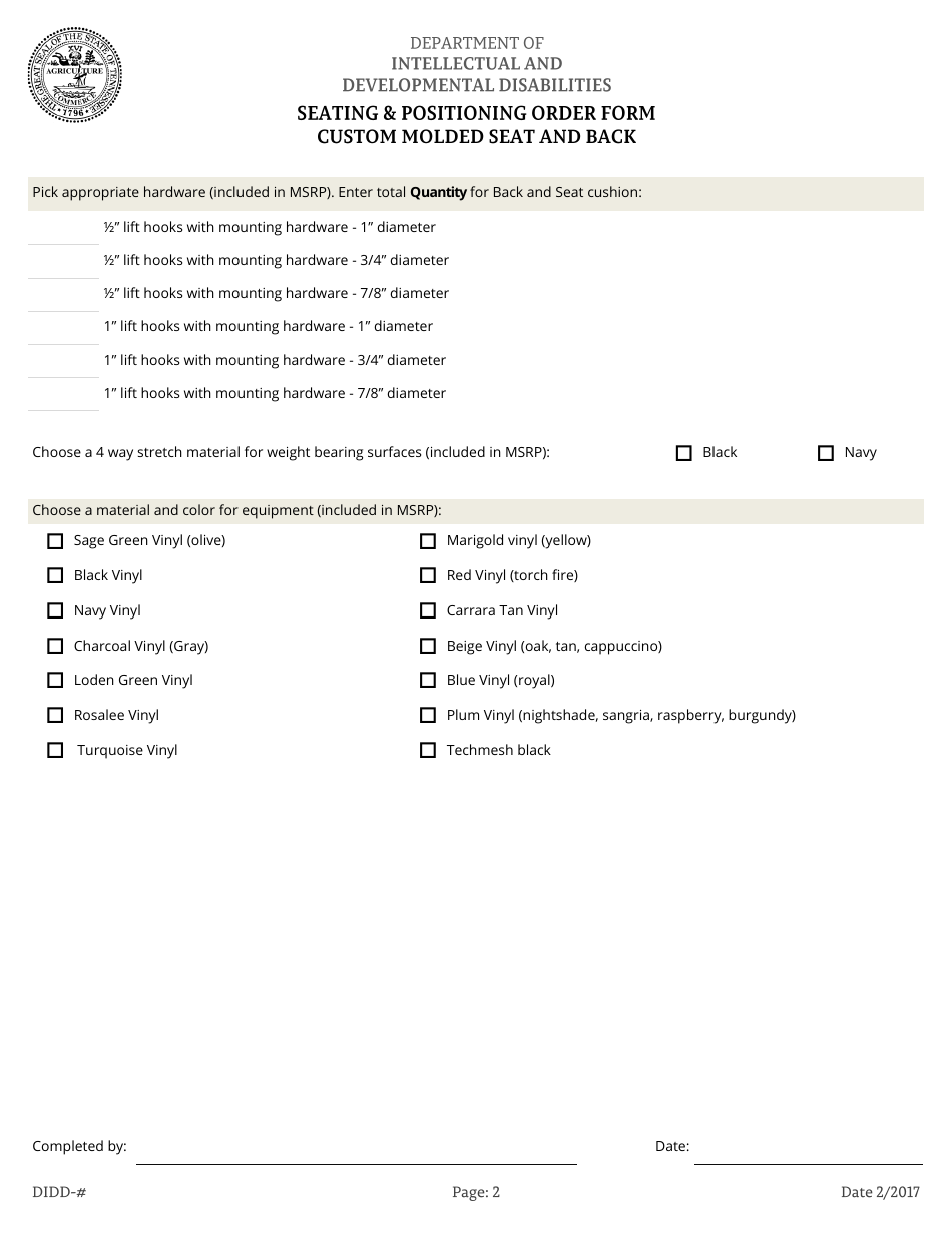 Seating and Positioning Order Form - Custom Molded Seat  Back - Tennessee, Page 2