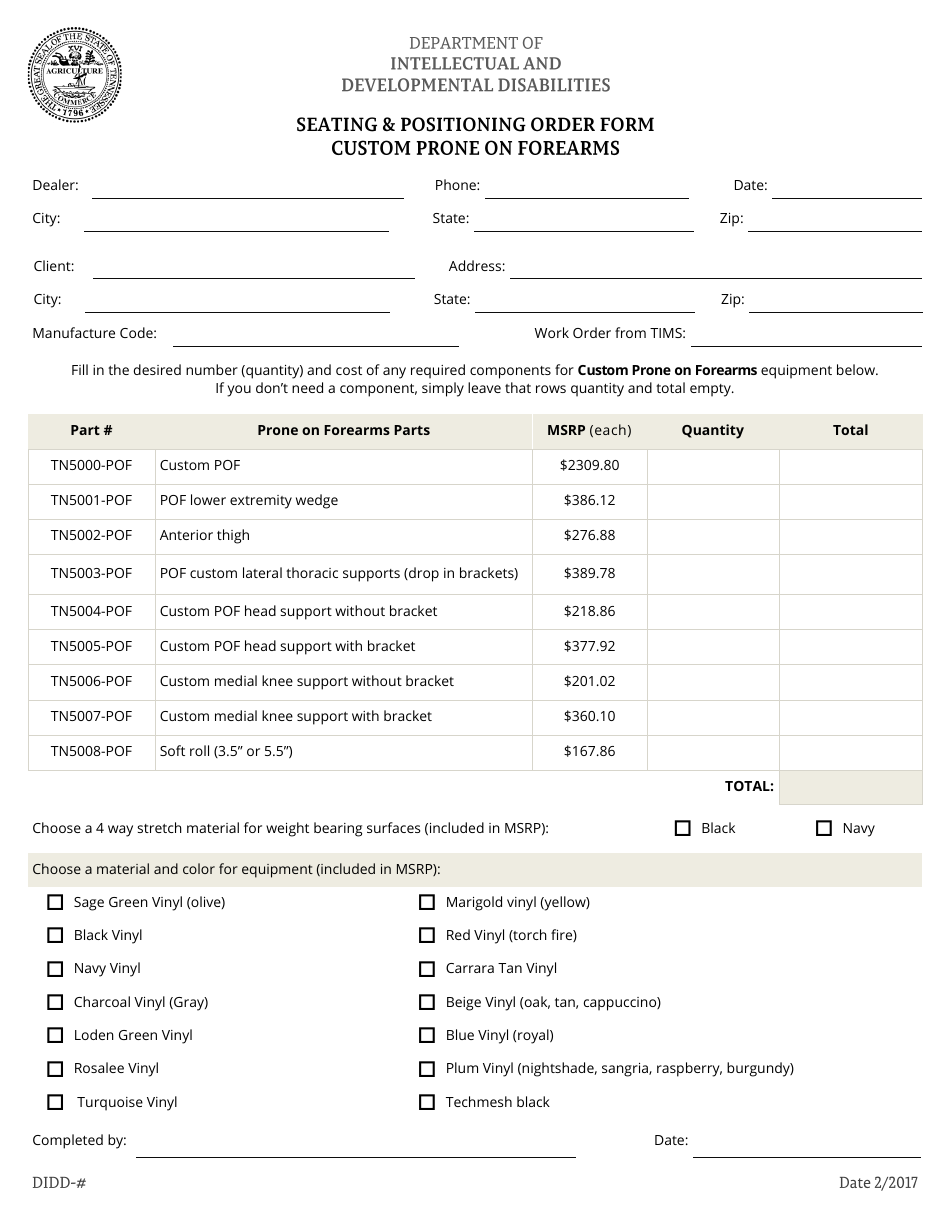 Seating and Positioning Order Form - Custom Prone on Forearms - Tennessee, Page 1