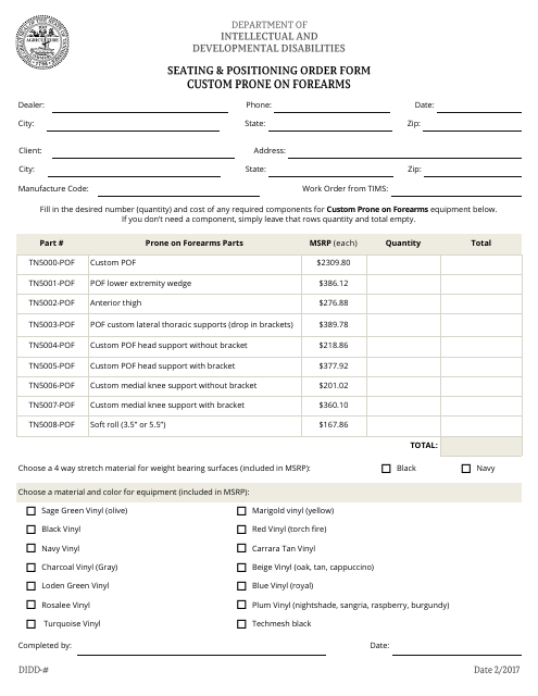 Seating and Positioning Order Form - Custom Prone on Forearms - Tennessee Download Pdf