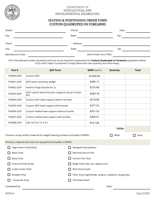 Seating and Positioning Order Form - Custom Quadruped on Forearms - Tennessee Download Pdf