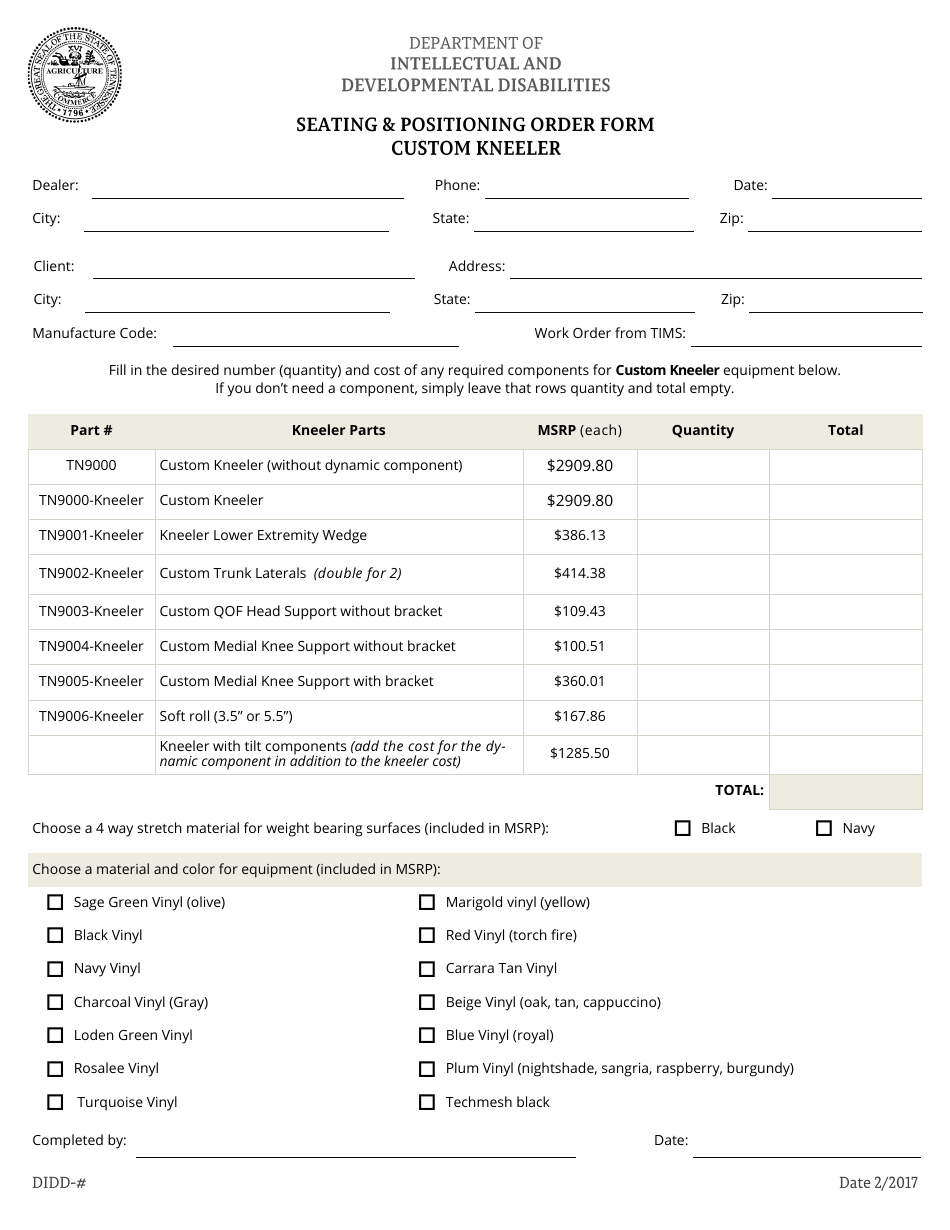 Seating and Positioning Order Form - Custom Kneeler - Tennessee, Page 1