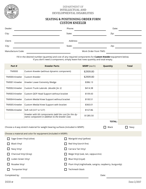 Seating and Positioning Order Form - Custom Kneeler - Tennessee