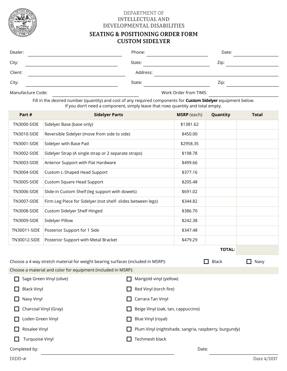 Seating and Positioning Order Form - Custom Sidelyer - Tennessee, Page 1
