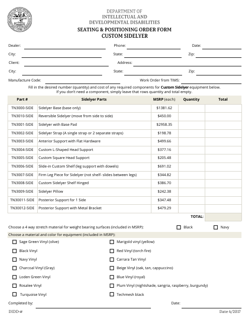 Seating and Positioning Order Form - Custom Sidelyer - Tennessee