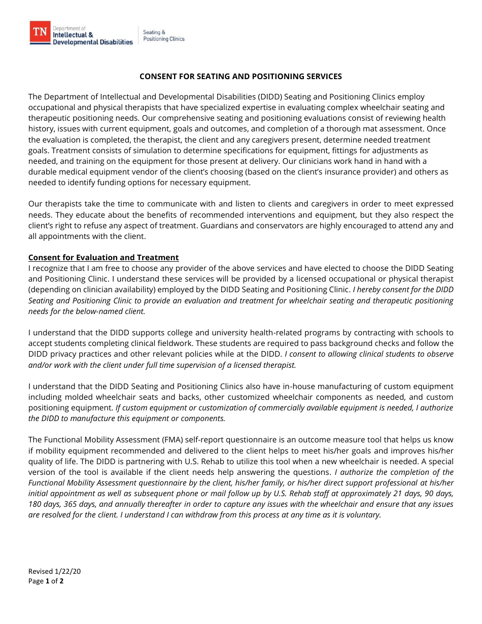 Consent for Seating and Positioning Services - Tennessee, Page 1