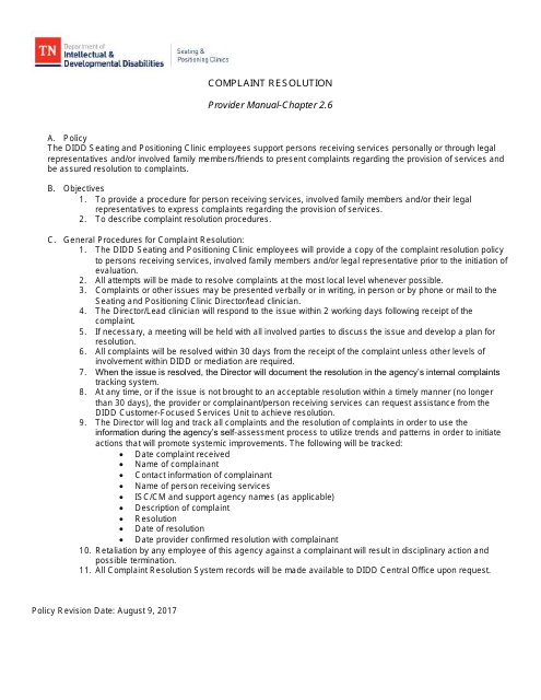 Receipt of Complaint Resolution Policy - Tennessee Download Pdf