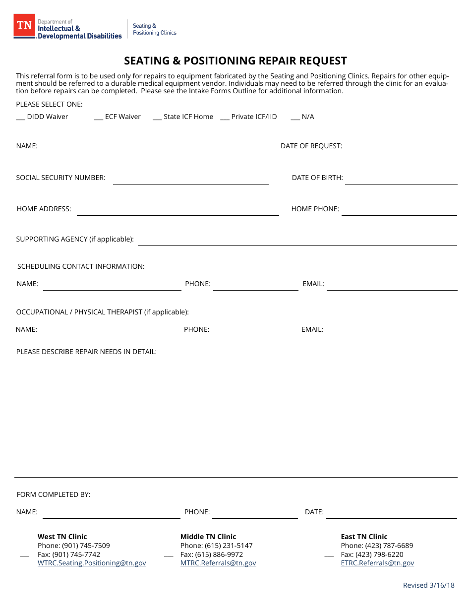 Seating  Positioning Repair Request - Tennessee, Page 1