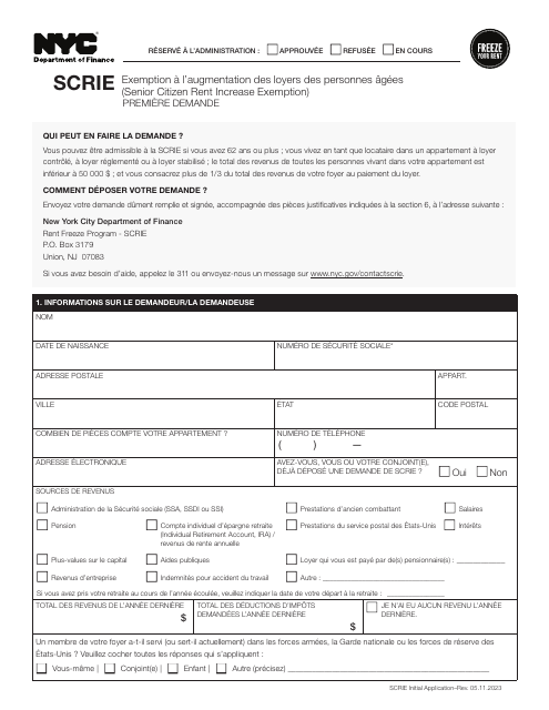 Senior Citizen Rent Increase Exemption Initial Application - New York City (French) Download Pdf
