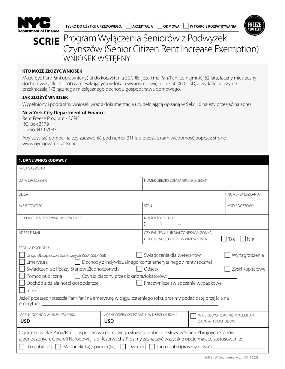 Senior Citizen Rent Increase Exemption Initial Application - New York City (Polish), Page 1