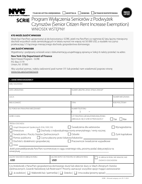 Senior Citizen Rent Increase Exemption Initial Application - New York City (Polish)