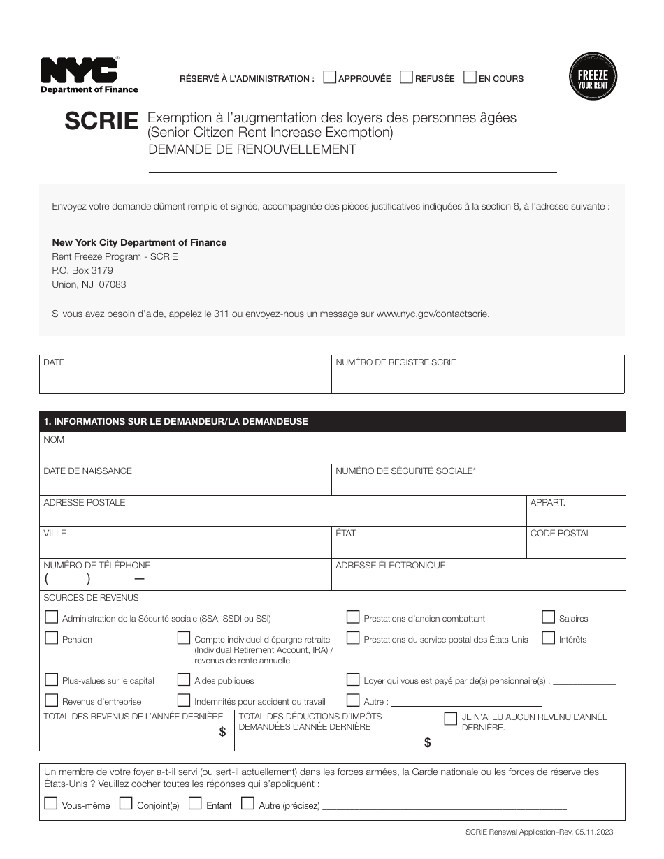 Senior Citizen Rent Increase Exemption Renewal Application - New York City (French), Page 1