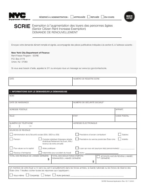 Senior Citizen Rent Increase Exemption Renewal Application - New York City (French) Download Pdf