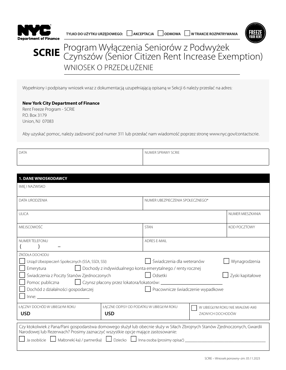 Senior Citizen Rent Increase Exemption Renewal Application - New York City (Polish), Page 1