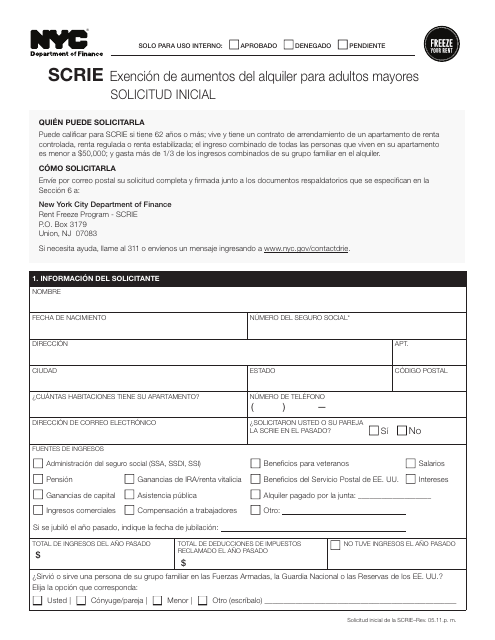 Exencion De Aumentos Del Alquiler Para Adultos Mayores Solicitud Inicial - New York City (Spanish) Download Pdf