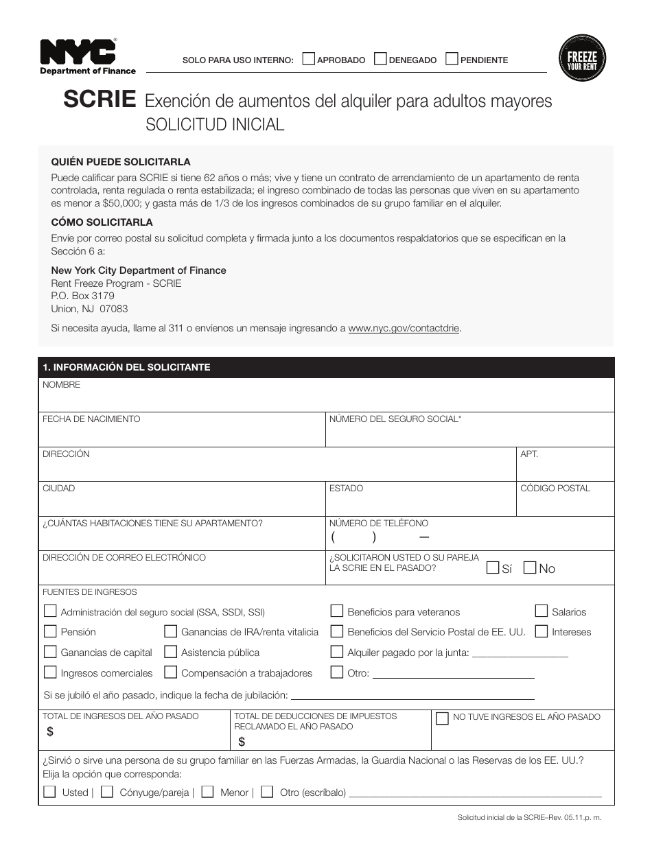 Exencion De Aumentos Del Alquiler Para Adultos Mayores Solicitud Inicial - New York City (Spanish), Page 1