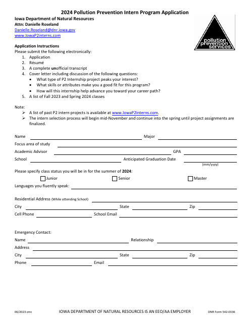 DNR Form 542-0336 Pollution Prevention Intern Program Application - Iowa, 2024