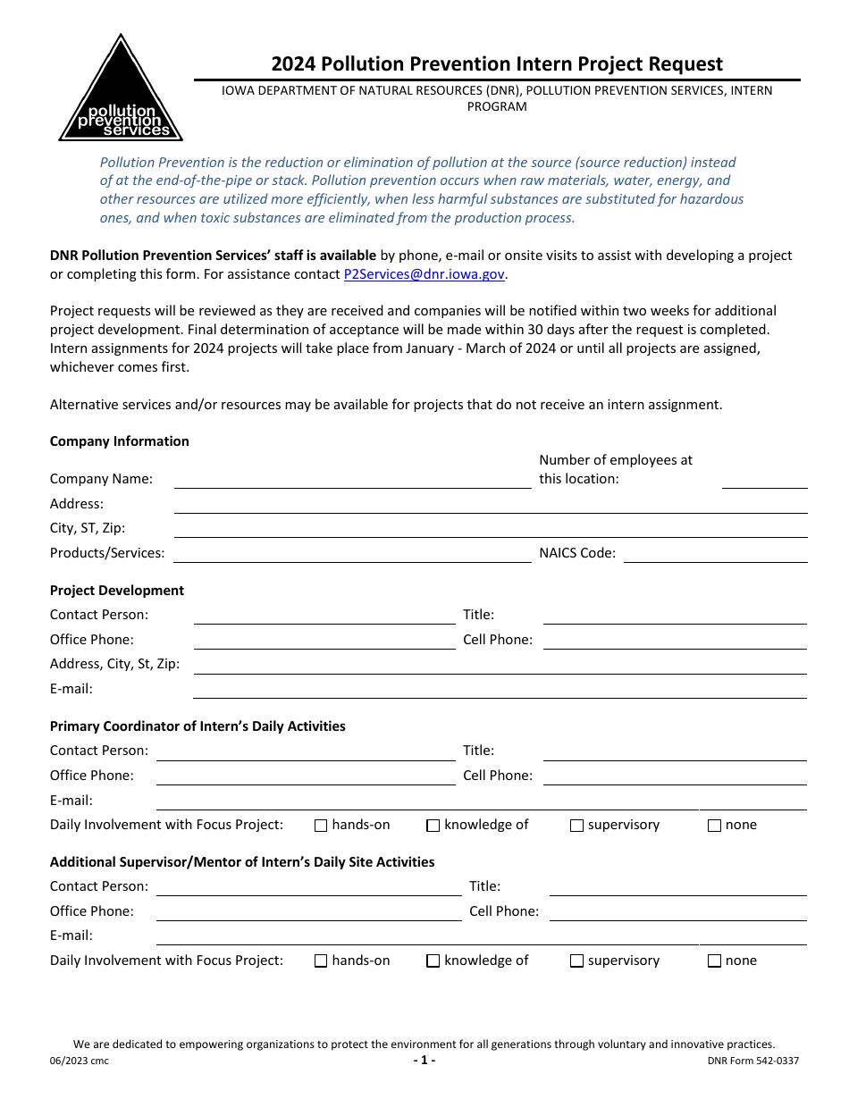 DNR Form 542-0337 Pollution Prevention Intern Project Request - Iowa, Page 1