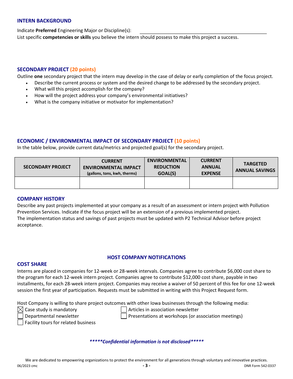 DNR Form 542-0337 Pollution Prevention Intern Project Request - Iowa, Page 3