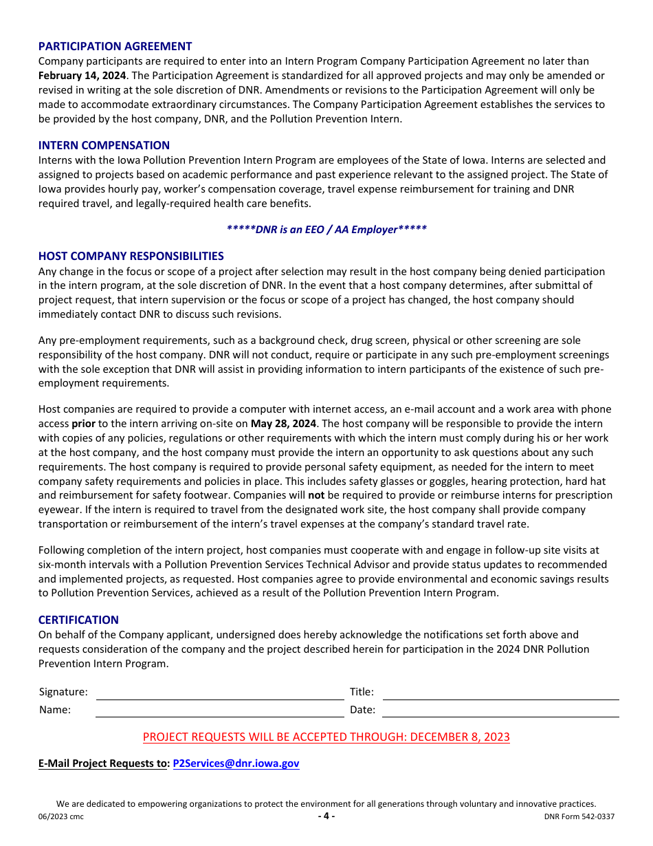 DNR Form 542-0337 Pollution Prevention Intern Project Request - Iowa, Page 4